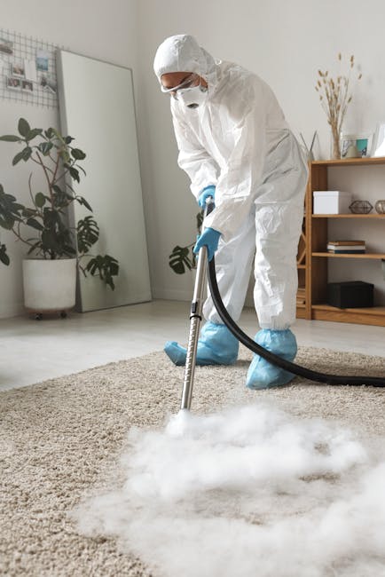 A person kneeling on a patterned carpet in a residential setting, using a yellow and black portable vacuum cleaner with a flexible hose to perform deep cleaning. The individual is wearing a beige jack