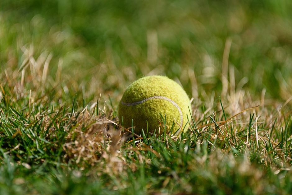 Close-up of a tennis court surface showing a textured red clay material with a white painted sideline running along the center of the image, slightly out of focus in the background. Two yellow tennis 